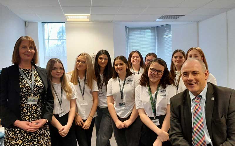 The Right Honourable Robert Halfon MP is pictured with students from Truro and Penwith College. Also pictured is Bonnie Houghton, Head of T Levels at Truro and Penwith College.